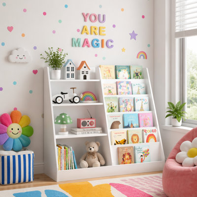 New Kids Bookshelf and Toy Storage Organizer, Multifunctional 4 Tier Wooden Bookcase for Playroom and Nursery