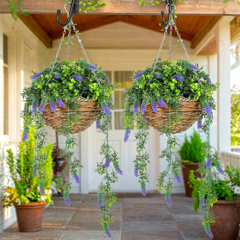 Set of 2 decorative artificial silk lavender flowers in hanging baskets
