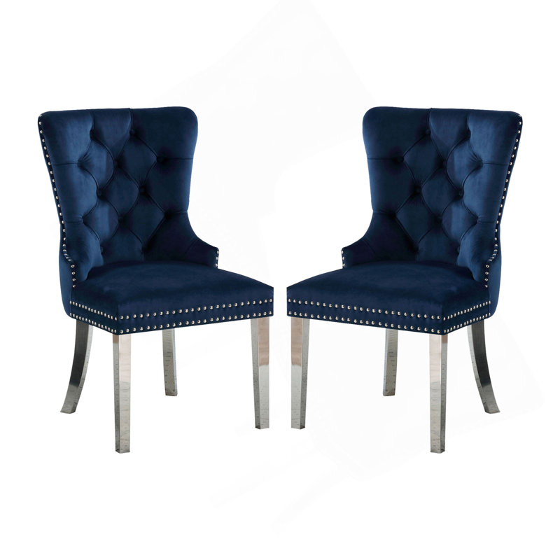 Ensemble de 2 chaises à oreilles avec dossier capitonné bleu et chrome