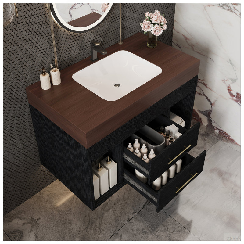Ensemble de meuble-lavabo mural flottant 29,9 po, Black,Walnut
