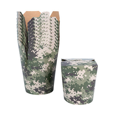 Restaurantware-Bio Tek 4 x 3.5 x 4.5 Inch Food Containers, 200 Noodle Takeaway Boxes - Disposable, Sturdy, Camouflage Paper 32 Ounce Take Out Boxes, Round, For Hot Or Cold Foods