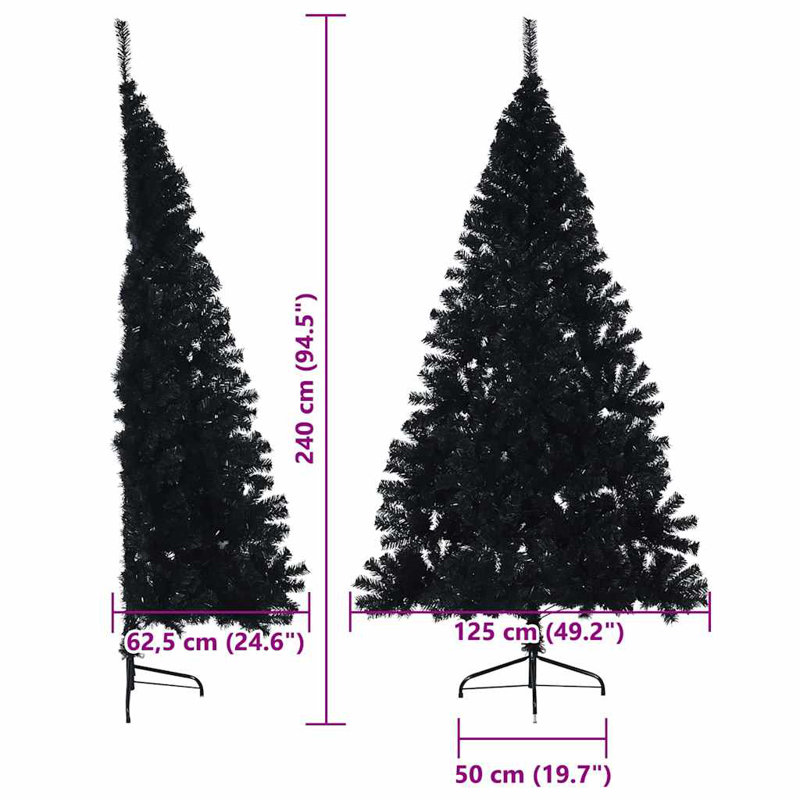 7.87' H Lighted Artificial Christmas Tree, Black, 240 cm, with 120 Rose Gold Balls