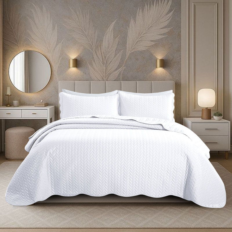 Ensemble de couvre-lit matelassé en microfibre embossée, Édredon très grand et 2 taies décoratives stand, Blanc