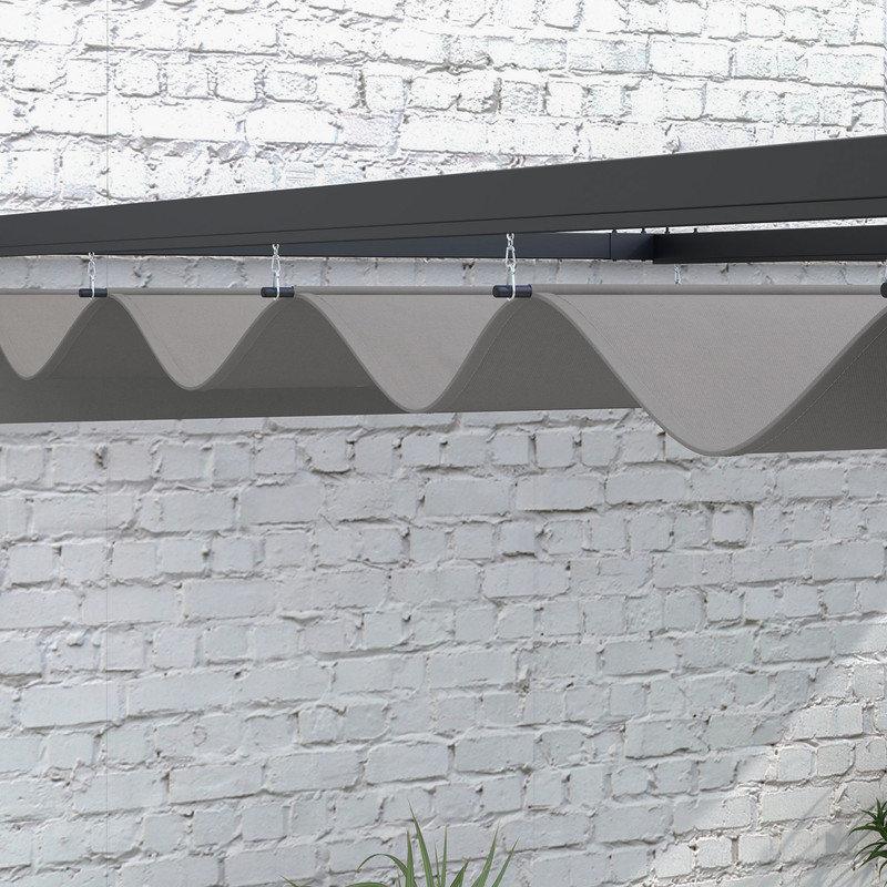 3 x 4 Meter Wall-Mounted Lean-To Pergola with Retractable Dark Grey Canopy, Weather-Resistant Powder-Coated Steel Frame, Outdoor Patio Shade Structure with Drainage Holes