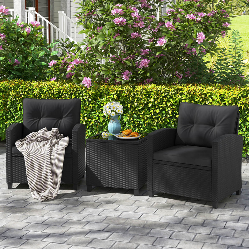 3 Pcs Patio Furniture Set With Tempered Glass Coffee Table Washable Cushions, Black