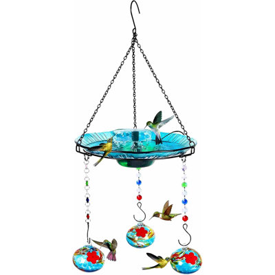Mangeoire à colibri et bain d'oiseaux pour l'extérieur 2-en-1 pour petits oiseaux - Fontaine de bain pour colibris avec 3 pots d'alimentation rouges - Fontaines solaires suspendues pour bain d'oiseaux