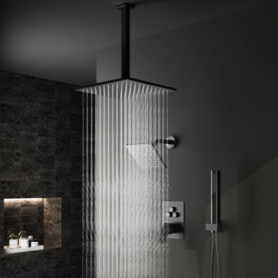 Système de douche à pluie noire mat avec inverseur à bouton-poussoir, pommes de douche à main et doubles 2 en 1, ensemble de douche à fixation au plafond de 12 pouces et de fixation murale à haute pression de 6 pouces