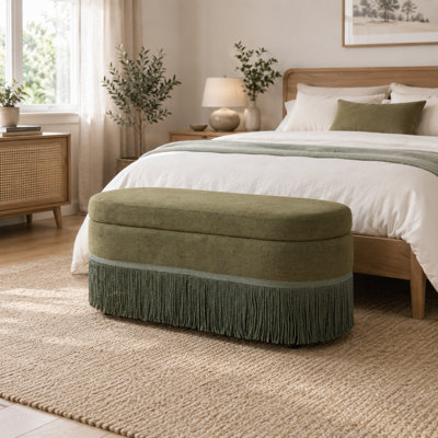 Repose-pieds ovale rembourré avec rangement à franges et couvercle relevable - L 39 po x l 16 po x H 17 po, repose-pieds multifonctionnel et rangement caché pour le salon