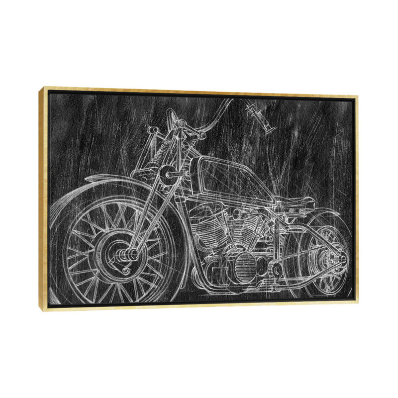" Motorcycle Mechanical Sketch II " by Ethan Harper, Gold Framed, 18" H x 26" W x 1.5" D, No Mat