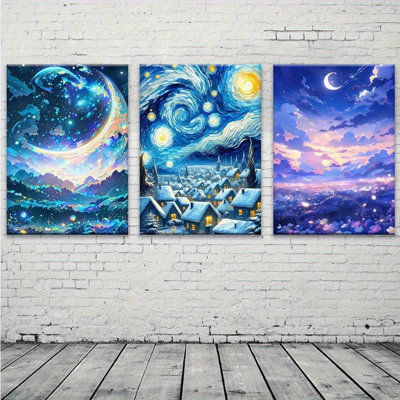 3-Piece Crescent Moon & Starry Night Canvas Wall Art Set, Wood Framed, Holiday Party Decor, 16x24 Inch, for Living Room Bedroom, Christmas Painting, Classic Design Durable Artwork