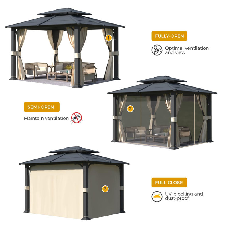10'x12' Hardtop Gazebo - Double Metal Roof Canopy With Aluminum Frame, Includes Netting And Curtains, Permanent Pavilion For Patio, Backyard, Deck, Lawn, And Poolside