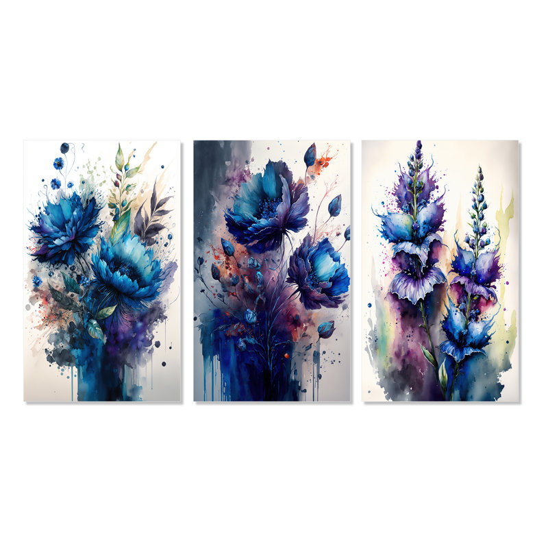«Vibrant Blue Flower Bouquet», 3 pièces sur toile, H 32 po x l 48 po, Toile tendue