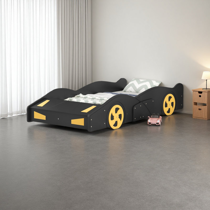 Lit plateforme avec roulettes et rangement Race, Lit simple, Noir; jaune
