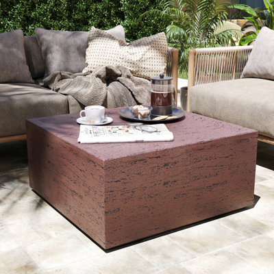 28'' Magnesium Oxide Outdoor Coffee Table with Natural Stone Textured Surface, Square, Rust Red