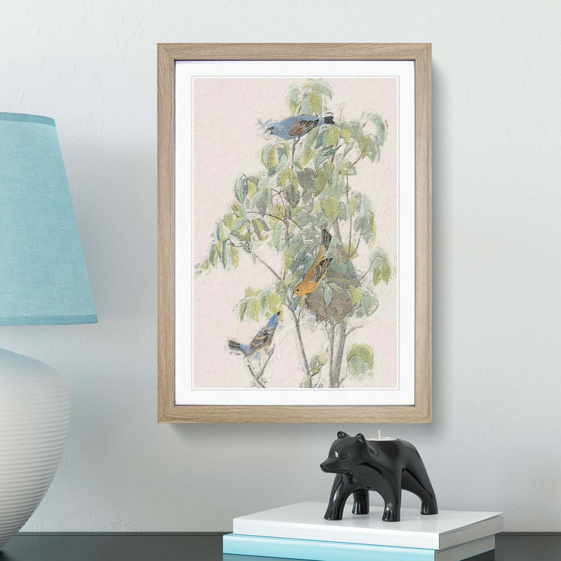 Blue Grosbeak Birds by John James Audubon - Picture Frame Painting Print, 65cm H x 48cm W x 2cm D, Oak Framed