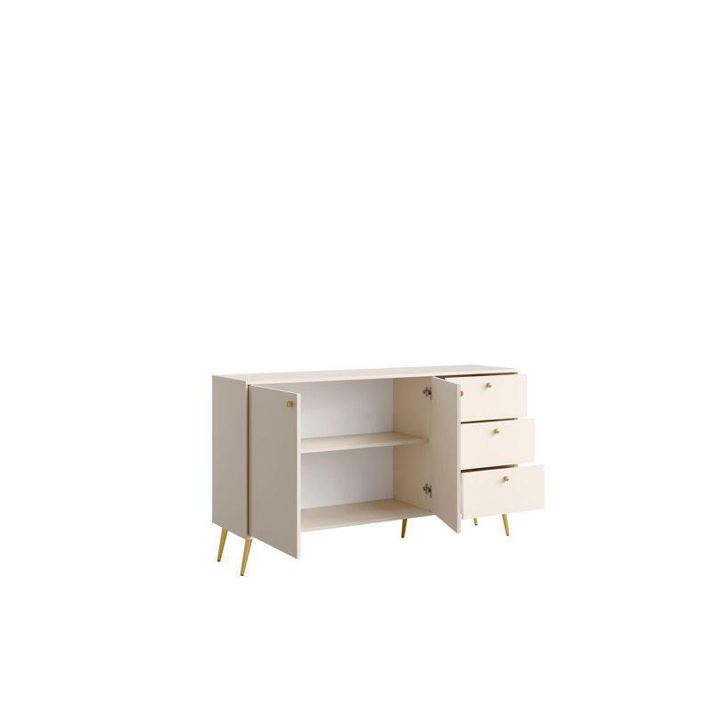 Chest of drawers with golden legs and handles, 156.2cm W x 89.2cm H x 40.5cm D., Beige