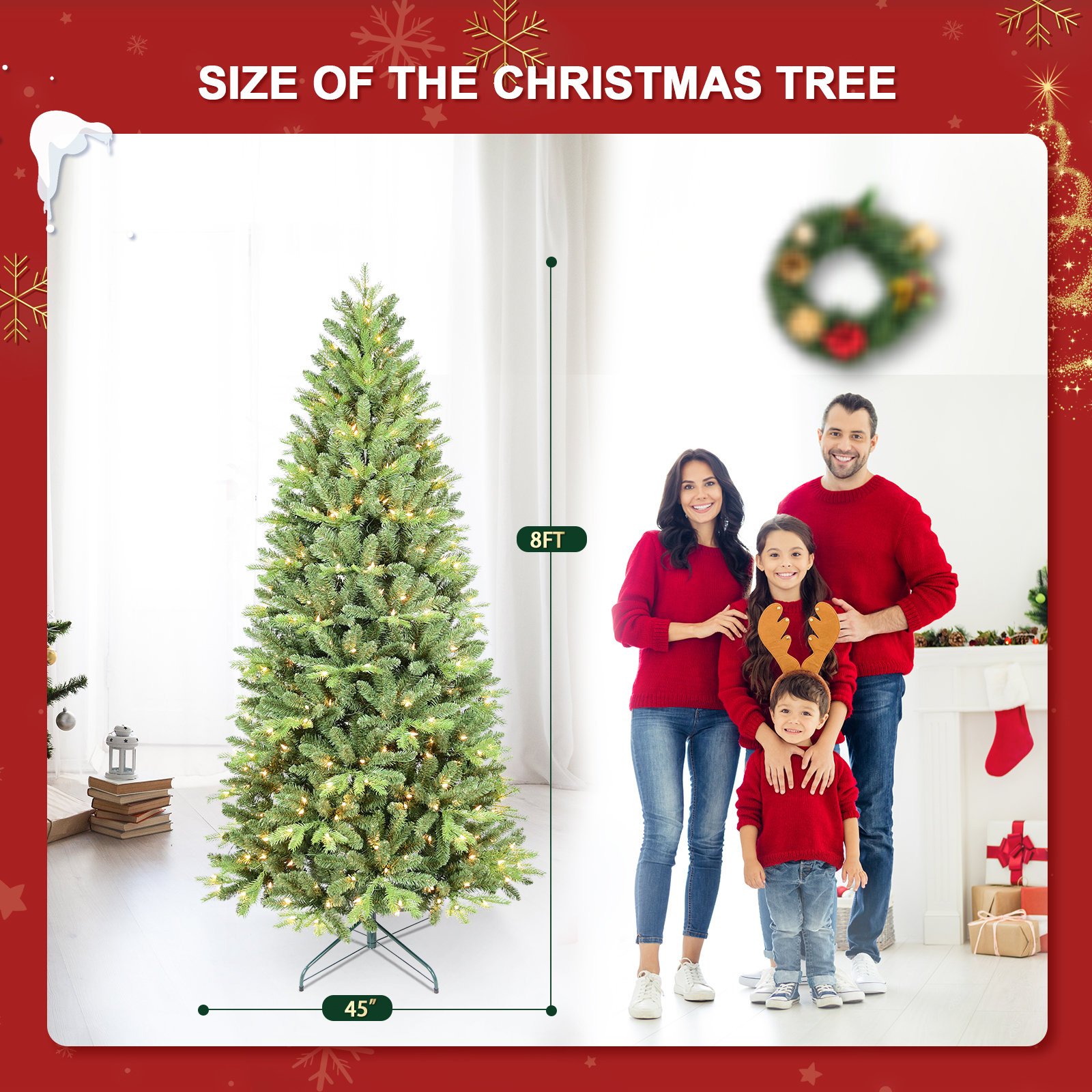 Pre-lit Christmas Tree Artificial Pencil Christmas Trees, Warm Lights, Pe&pvc Mixed Branch Tips, Metal Stand, 8'