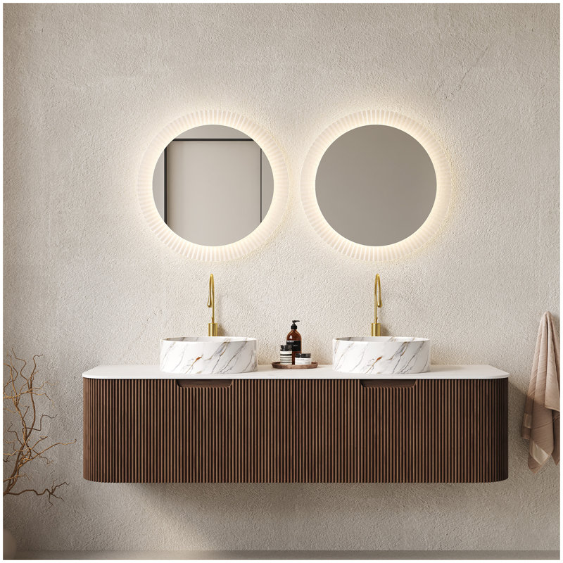 Meuble-lavabo et lavabos pour salle de bain 60 po, 2 tiroirs, 2 lavabos ronds en céramique blanc et plateau en pierre frittée blanc Carrara, pré-assemblé, grain de bois foncé