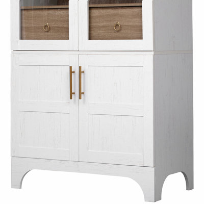 Armoire de cuisine cintrée de 180 cm de haut avec étagères et porte, style campagnard, avec étagères ouvertes et réglables, tiroir dissimulé et porte vitrée, idéale pour la cuisine ou la salle à manger, blanche.
