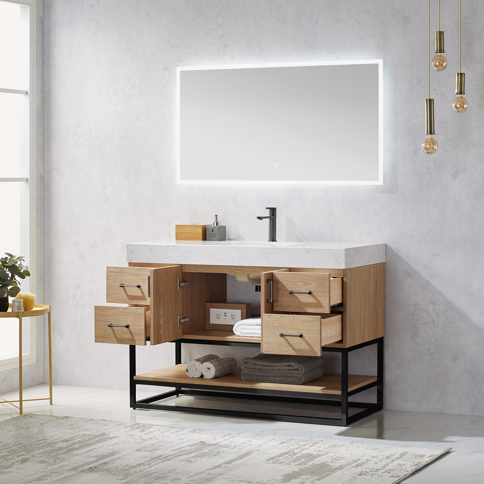 Alistair 48'' Single Bathroom Vanity, Matte Black, Natural Oak, White