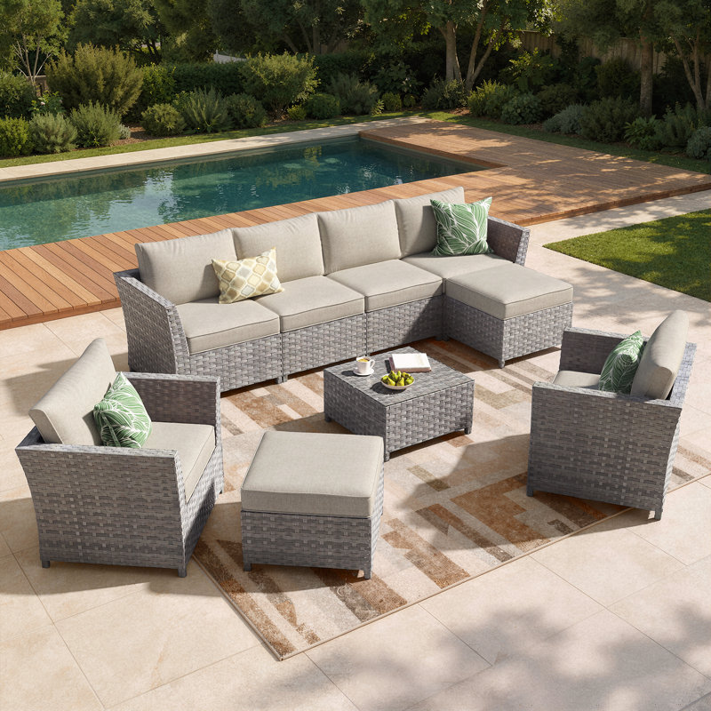 Ensemble de conversation modulaire en rotin de grande taille avec coussins 9 pièces Grano, Beige