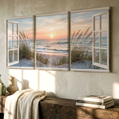 3 Pieces Serene Beach Sunset Large Wall Art Decor, Three Pieces Wall Art for Living Room, Bedroom, Office, and Home Decor, Ready to Hang, Framed Look