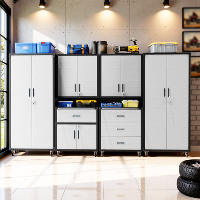6-Piece Garage Storage Systems Set, Metal Garage Storage Cabinets with Wheels, 2 Wall Mounted Cabinets + Rolling Cabinets + 2 Tall Pegboard Cabinets, Lockable Tool Chest Organizer