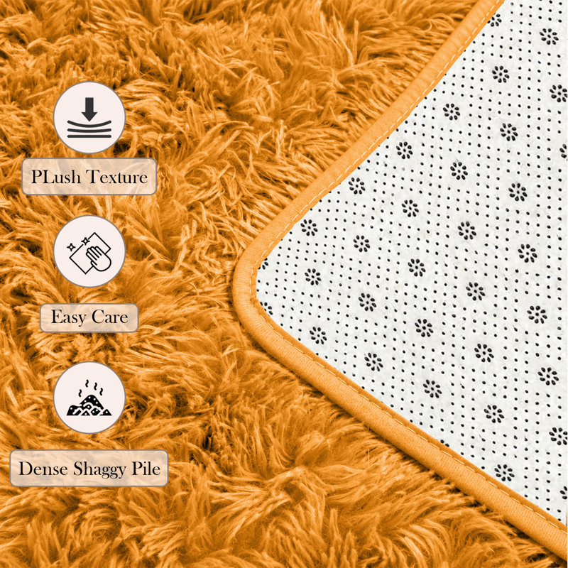 Rectangle Shaggy Washable Area Rug, Ochre, Rectangle 50 x 80 cm