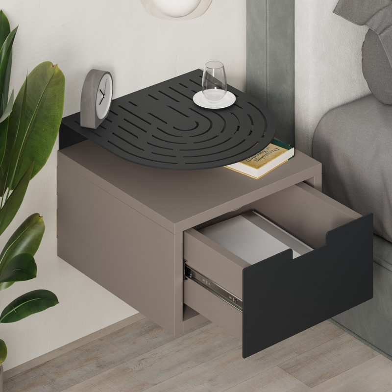 Ailana Floating Bedside Shelf with Drawer and Metal Round Shelf, Light Mocha