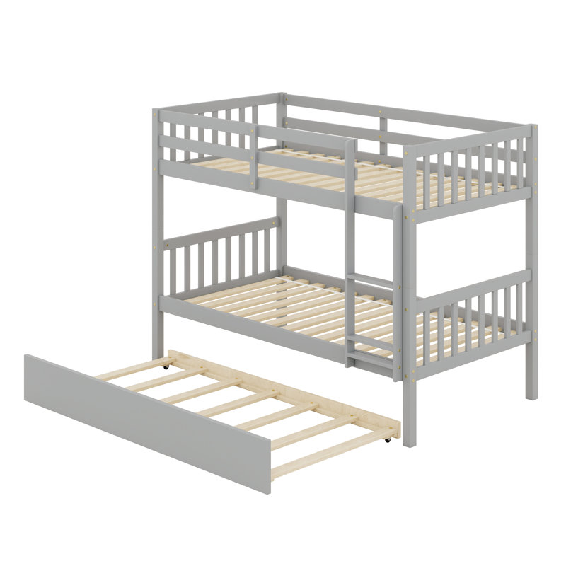 Rubber Wood Bunkbed With Trundle And Ladder,Convertible Into Two Beds, Gray