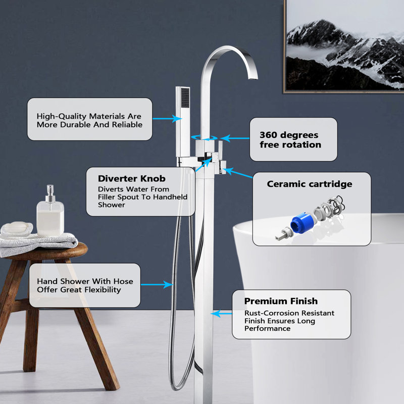 Robinet de baignoire monocommande à fixation au sol avec douche à main, Chrome