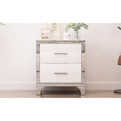 Table de chevet blanche ultrabrillante pour la chambre à coucher et le salon, 2 tiroirs, table de chevet élégante en métal avec finition, poignée