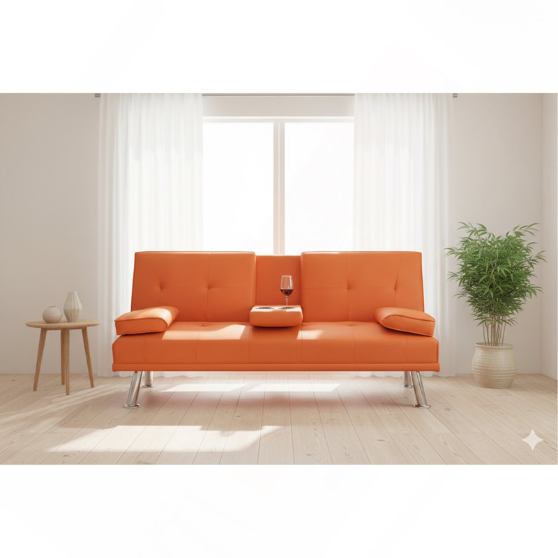 67" Orange Leather Office Sofa Bed