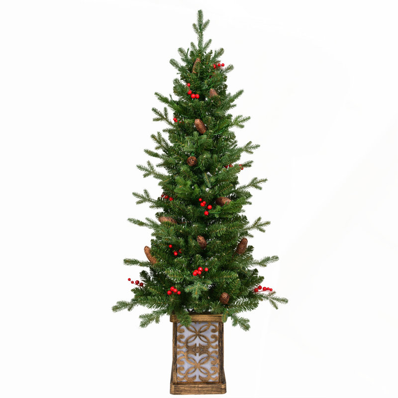 Arbre de Noël illuminé 4 pi avec base scintillante, 100 lumières DEL multicolores, baies rouges, pommes de pin, branches pleines en PE / PVC, pot lumineux festif