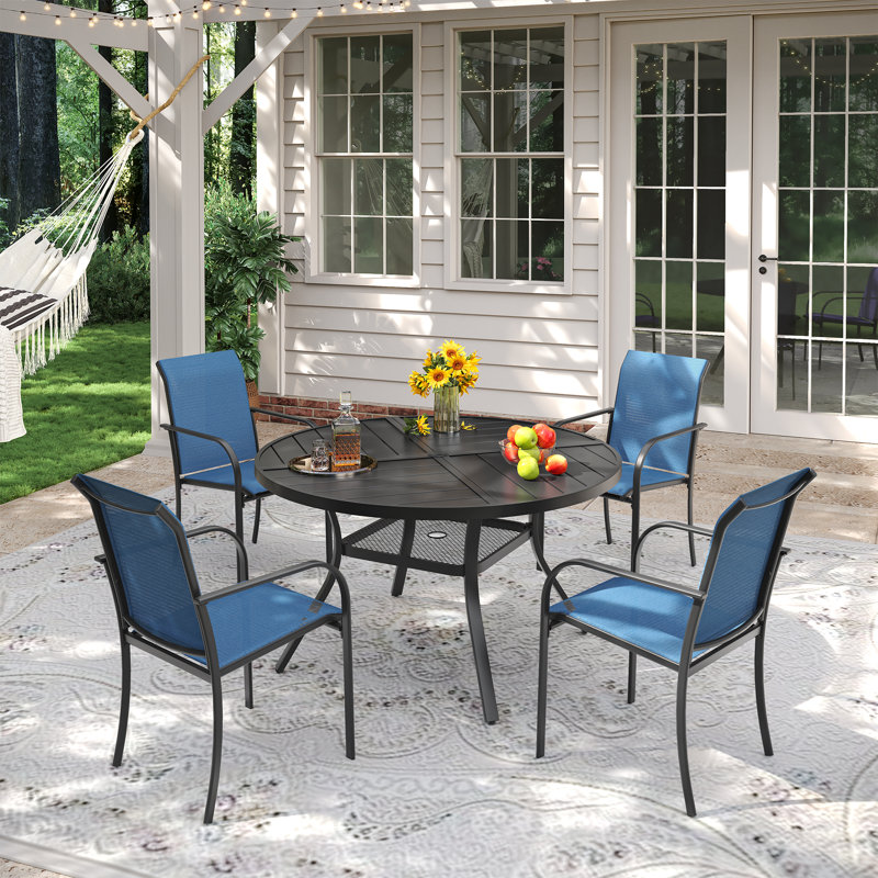 4-Person Outdoor Patio Dining Set With Stackable Chairs, Black/Blue