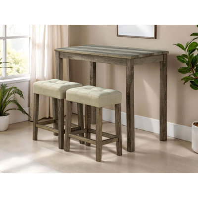 Dining Room Transitional 3Pc Dining Set Rubber Wood Table 2X Stools Tufted Seat Furniture