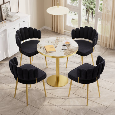 Ensemble de table de salle à manger ronde 31,5 po en marbre avec base en piédestal doré, chaises de salle à manger en velours de luxe à motif pétales, ensemble de salle à manger compact pour 2 à 4 personnes, meubles de cuisine et de salle à manger Modern Glam