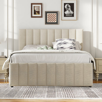 Full Size Upholstered Platform Bed with Twin Size Trundle and 3 Drawers, Linen Fabric, Beige