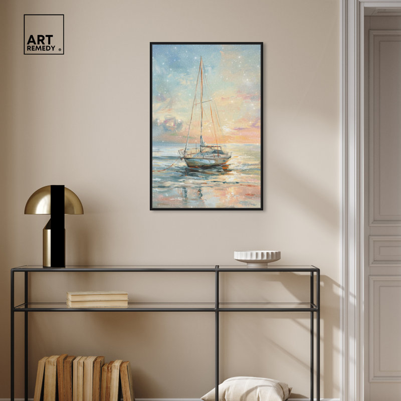 Black Framed Boat on the Shore Canvas Wall Art, 31" x 21"