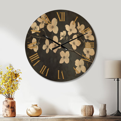 White Dogwood Blossoms - Floral Round Wall Clock, Wood Print