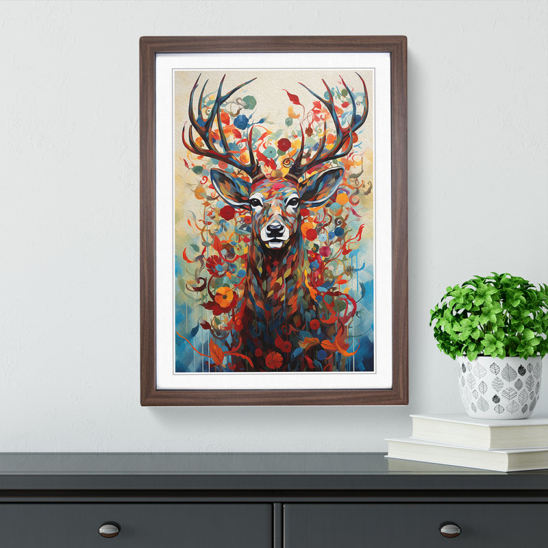 Stag Orphism No.3 - Single Picture Frame Print on Wood, Walnut, 64cm H x 46cm W x 2cm D