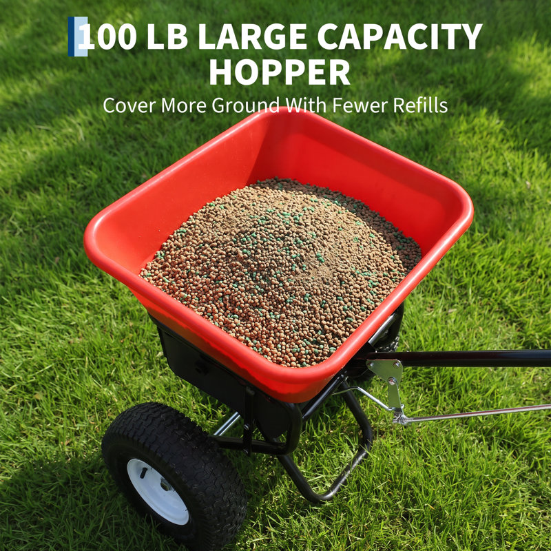 Épandeur à grande capacité (45 kg) pour semences, engrais, sel et compost – Modèle à pousser de 45 L avec roues pneumatiques tout-terrain de 33 cm et contrôle du courant réglable
