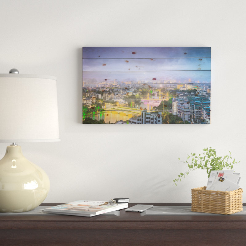 " Li River And Karst Hills Panorama - Cityscape ", 15" H x 20" W x 1" D, Wood