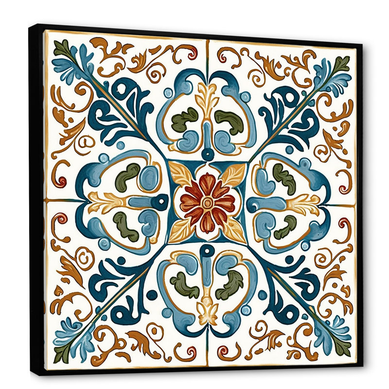 Carrelage méditerranéen rétro bleu VI - art mural abstrait, L 36 po x H 36 po, Toile avec cadre flottant noir
