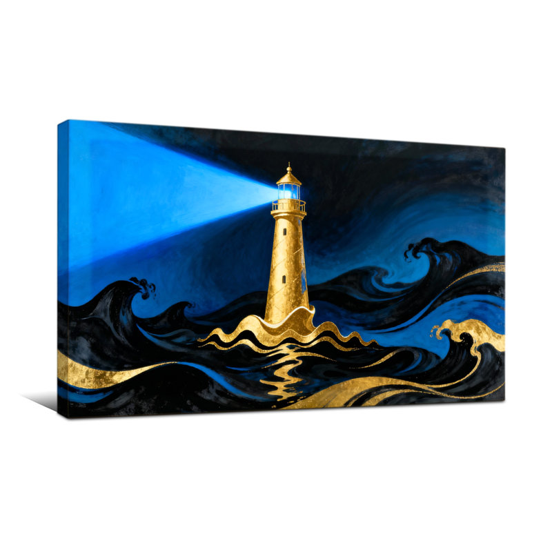 Phare nautique et plage, phare, vagues, nuit, océan, H 16 po x l 32 po