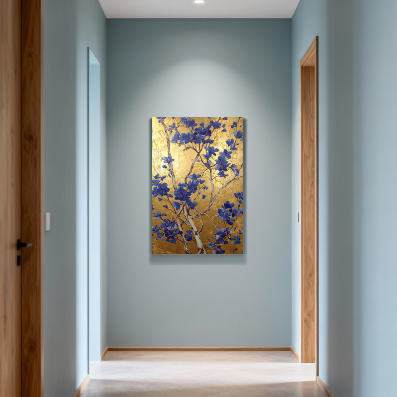 Plantes et fleurs fleurs bleues sur fond doré, H 20 po x l 30 po