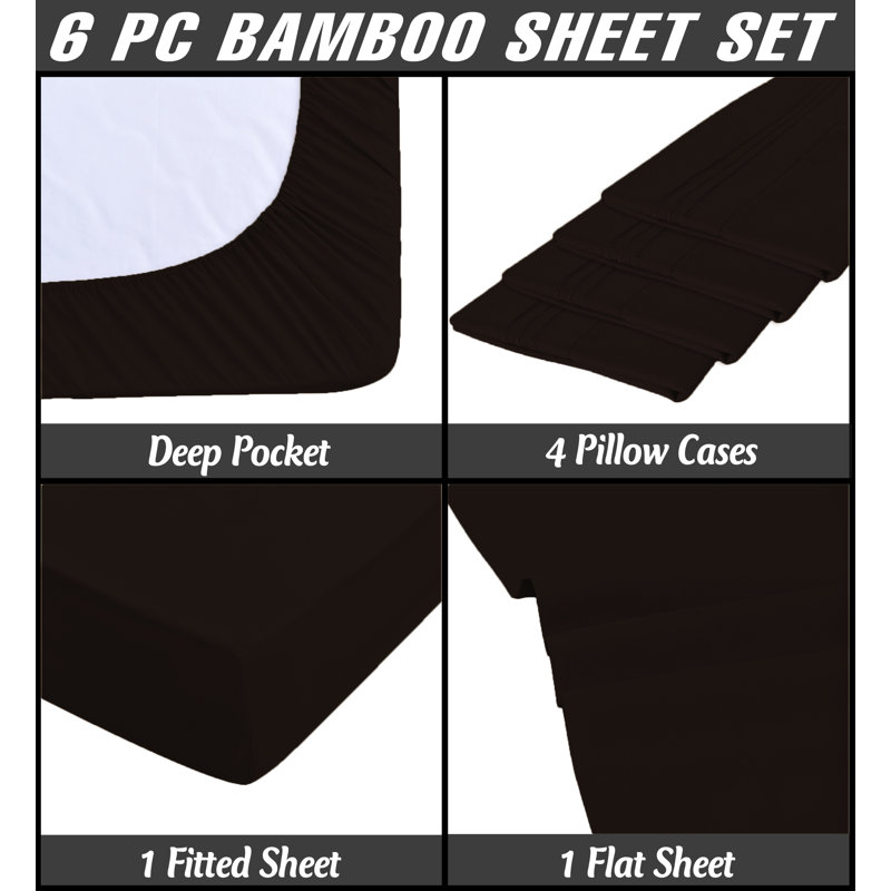 Premium Rayon From Bamboo 6 Pc Sheet Set With Deep Pockets, Cooling, Coffee, Split King Sheet Set with 4 Pillowcases