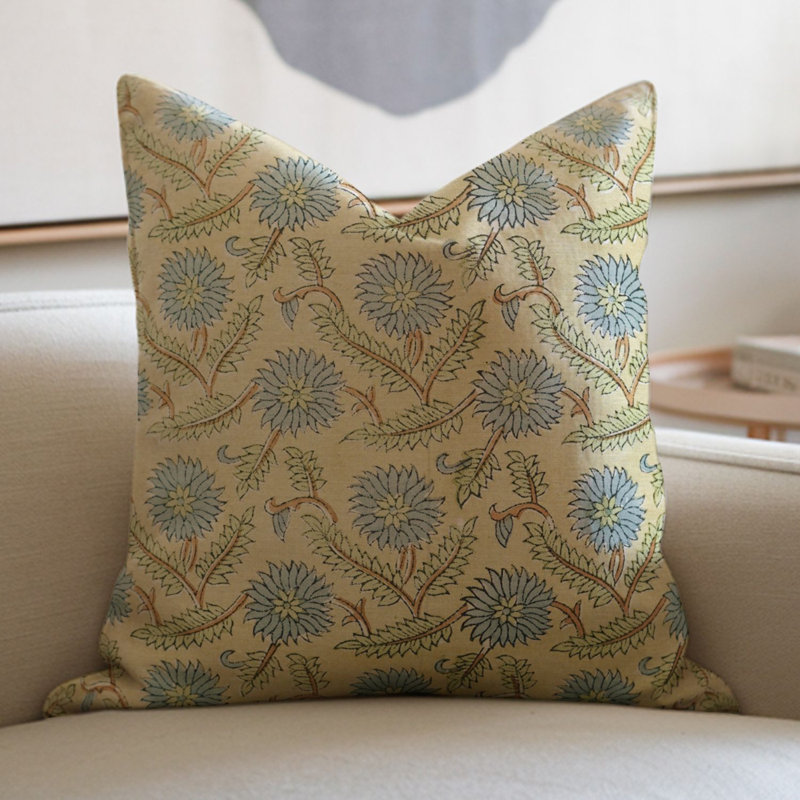 Housse de coussin en mélange de lin Fab divine Elegant, jeté, imprimé bloc (Swarna, bleu), Carré, H 24 po x l 24 po