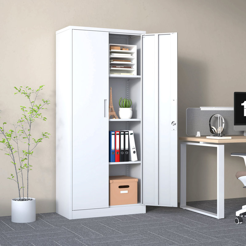 71"H Metal Garage Storage Cabinet, White Tool Steel Locking Cabinet With Doors And 3 Adjustable Shelves, Tall Cabinets For Garage Storage Systems Lockable File Cabinet For Home Office,Classroom,Pantry