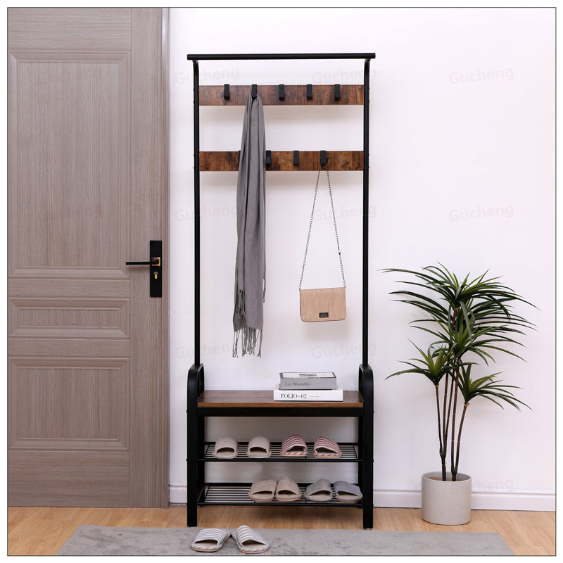 Arbre d'entrée 4-en-1 avec banc à chaussures, portemanteau et tringle à suspension, brun rustique, maximise l'espace d'entrée
